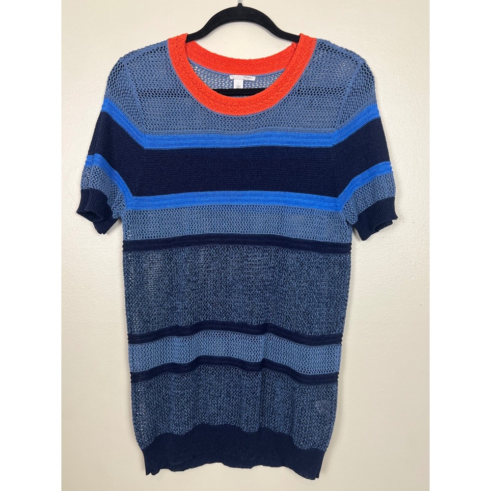 Halogen Womens Blue Striped Linen Blend Open Knit Short Sleeve Sweater Top L